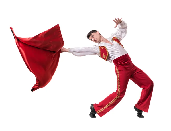 Dansende man draagt een toreador kostuum. Geïsoleerd op wit in volle lengte. — Stockfoto