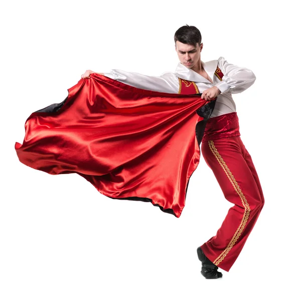 Tanzender Mann im Toreador-Kostüm. isoliert auf weiß in voller Länge. lizenzfreie Stockfotos