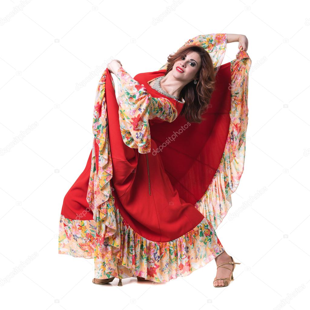 Flamenco dancer  woman posing, isolated on white in full length