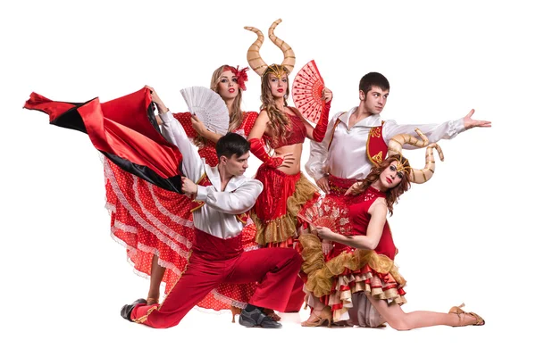 Cabaret dancer team dancing.  Isolated on white background in full length. — Stock Photo, Image