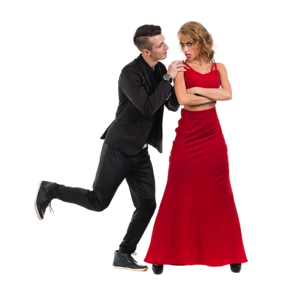 Young elegant couple dancing. Isolated on white — Stock Photo, Image