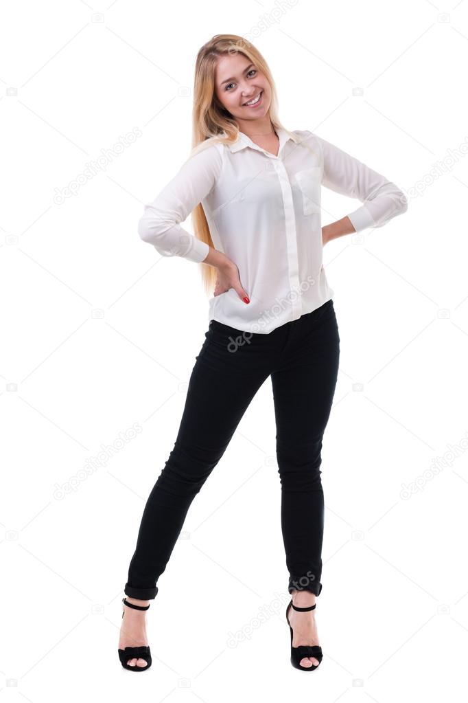 Full length of beautiful blond business woman standing  over white background with copy space