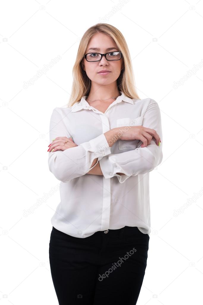 beautiful blond business woman standing over white background with copy space