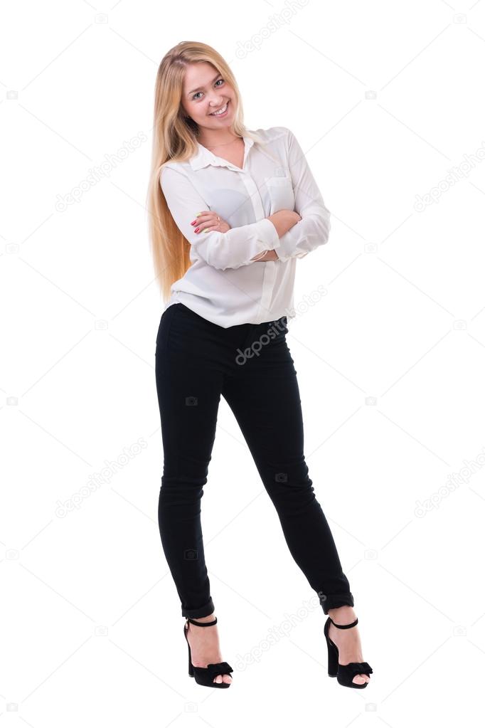 Full length of beautiful blond business woman standing  over white background with copy space