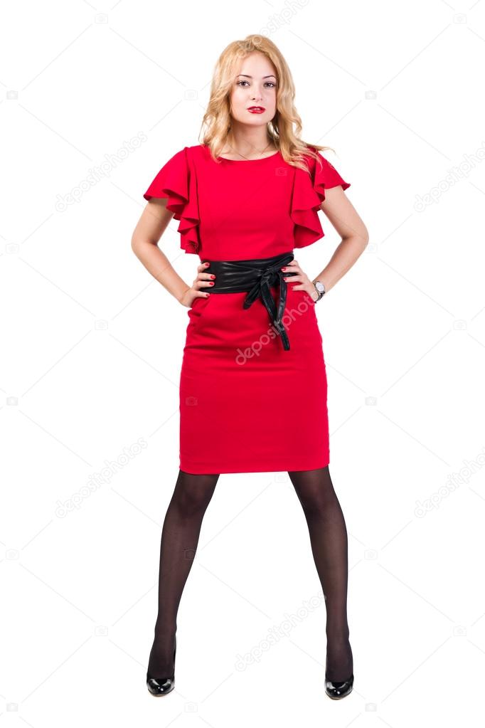 Beautiful Busyness Woman Blonde in red dress isolated on white