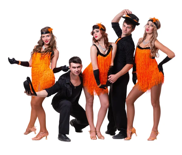 Cabaret dancer team dancing.  Isolated on white background in full length. — Stock Photo, Image