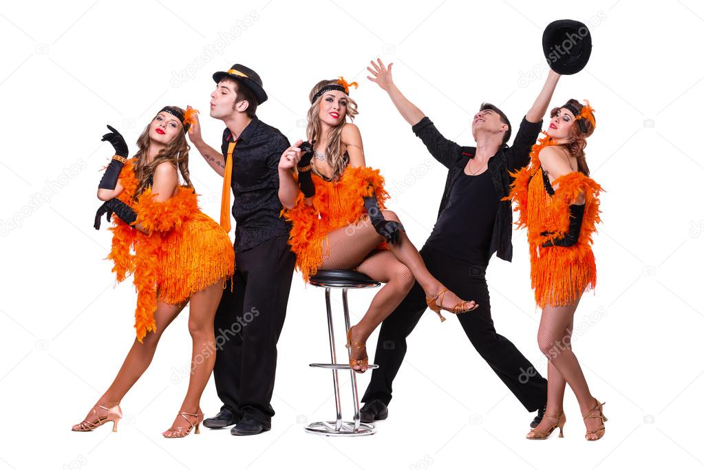 Cabaret dancer team dancing.  Isolated on white background in full length.