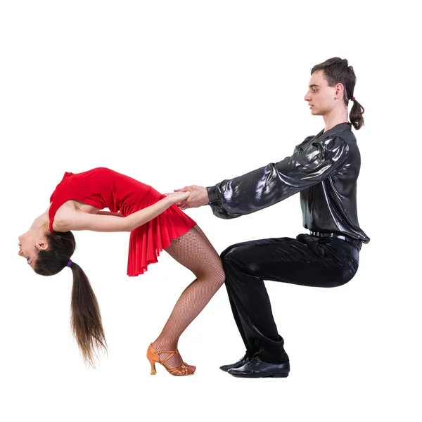 Full length of young ballet couple dancing on white background — Stock Photo, Image