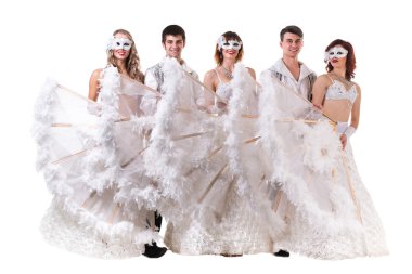 Karnaval dansçılar bir maske dans, üzerinde beyaz izole takım