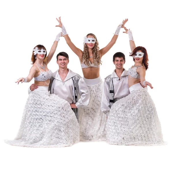 嘉年华舞团队面具跳舞，白色上孤立 — 图库照片