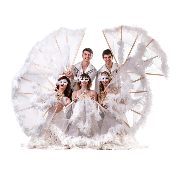 Carnival dancers team a mask dancing, isolated on white — Stock Photo, Image