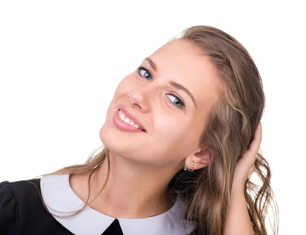 Ragazza sorridente su uno sfondo bianco — Foto Stock