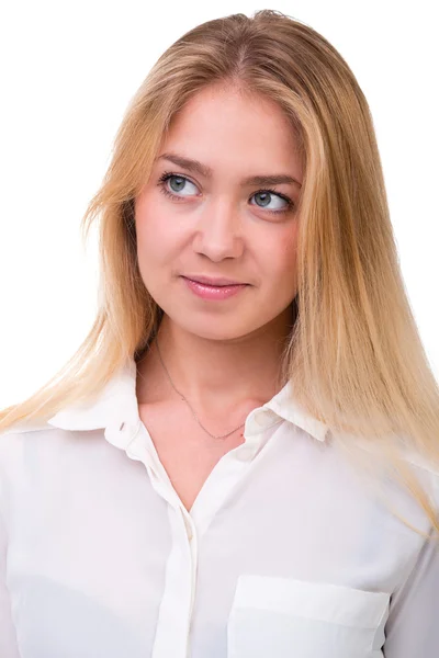 Closeup portrait of dreamy woman isolated on white — Stock Photo, Image