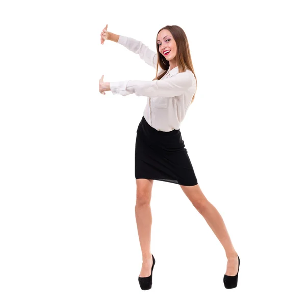 Full length of beautiful business woman standing  over white background with copy space — Stock Photo, Image