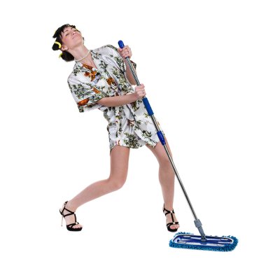 süpürge ile ev hanımı