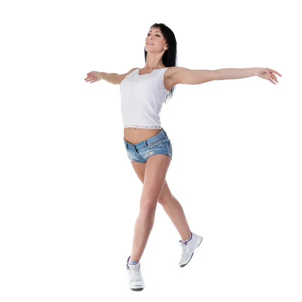 Fitness femme exerçant cours de danse aérobic en pleine longueur isolé sur fond blanc . — Photo