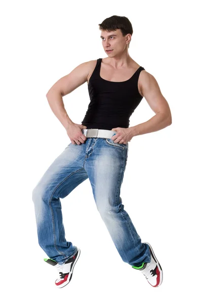 Full length portrait of young man athlete doing stretches exercises isolated on white — Stock Photo, Image