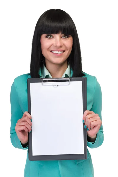 Feliz joven mujer de negocios sonriente mostrando letrero en blanco —  Fotos de Stock