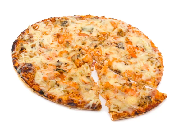 Pizza met kaas en ham geïsoleerd op wit — Stockfoto