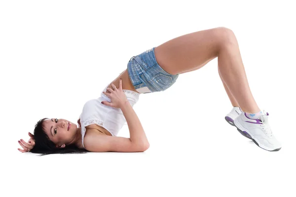 Aerobik jimnastik yapan kadın tüm vücudunu izole ediyor.. — Stok fotoğraf