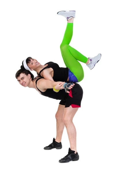 Αεροβική γυμναστική γυμναστικής ζευγάρι άσκηση απομονώνονται σε ολόκληρο το σώμα. — Φωτογραφία Αρχείου