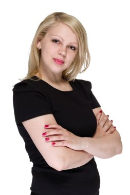 Beyaz arka planda gülümseyen kız