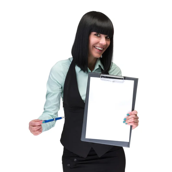 Feliz joven mujer de negocios sonriente mostrando letrero en blanco —  Fotos de Stock