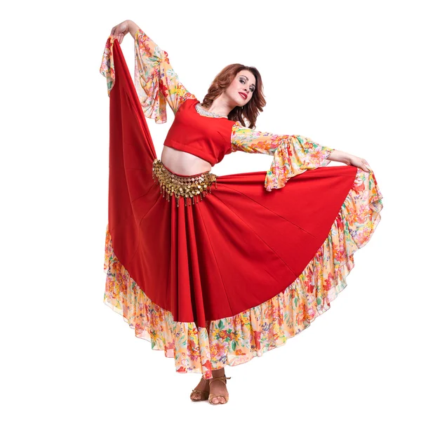 Kobieta tancerz flamenco, pozowanie, biały na białym tle na pełnej długości — Zdjęcie stockowe