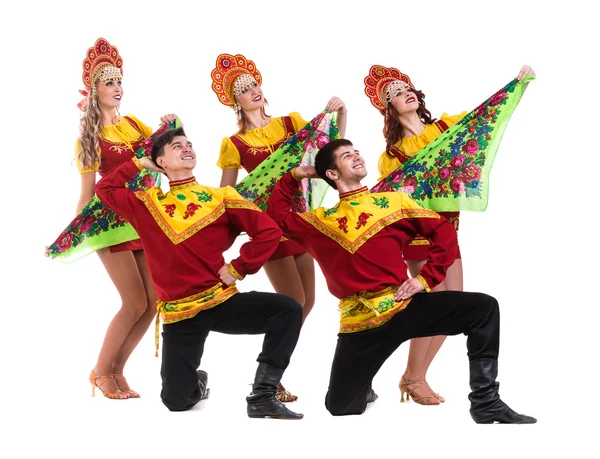 Equipo de bailarina con trajes populares aislados en blanco — Foto de Stock