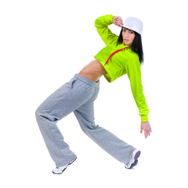 bazı hareketleri yalıtılmış beyaz arka plan karşı gösterilen modern stil dansçı