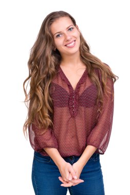 Gülümseyen güzel kadın portre - izole bir beyaz üzerinde