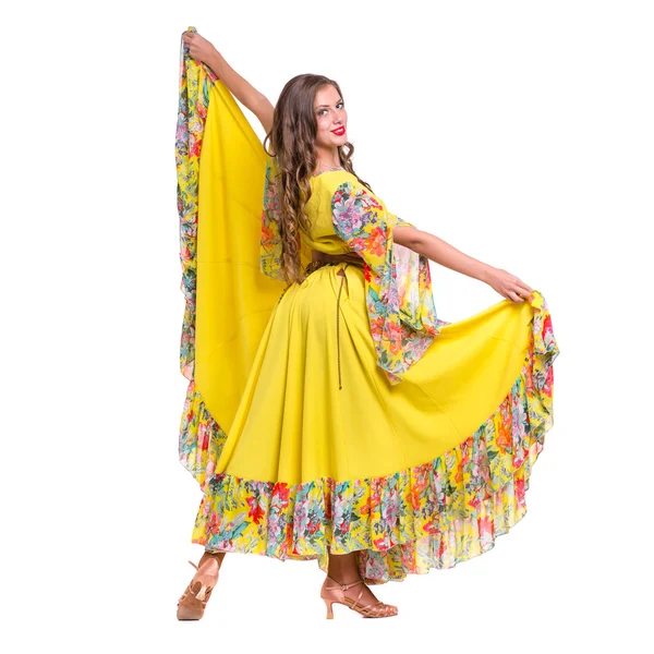 Flamenco danseres vrouw poseren, geïsoleerde op wit in volle lengte — Stockfoto