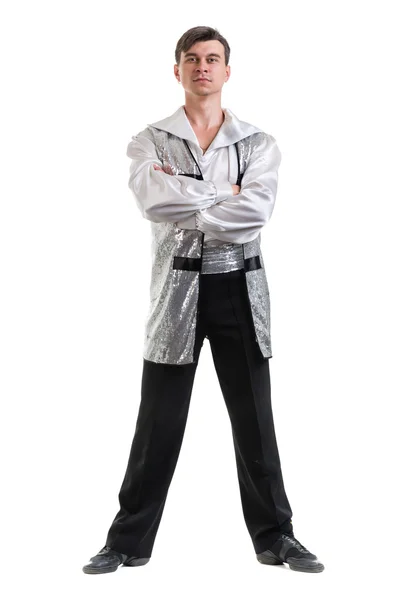 Jovem e elegante bailarino moderno, isolado em branco. Corpo inteiro . — Fotografia de Stock