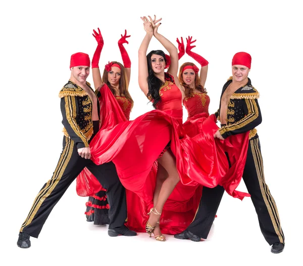 Dansare team klädd i traditionell flamenco klänningar — Stockfoto