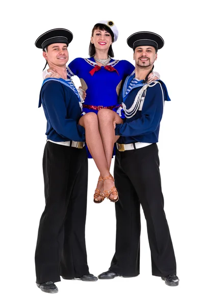 Equipo de bailarines vestidos como marineros posando sobre un fondo blanco aislado —  Fotos de Stock