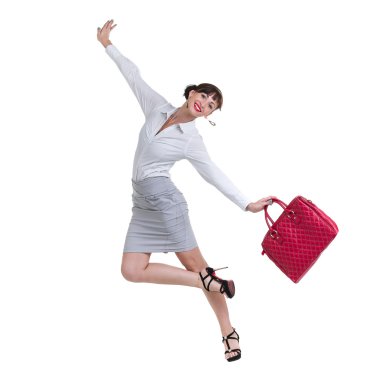 ayakta ve el çantası, tam uzunlukta portre üzerinde beyaz izole holding beyaz iş kadını