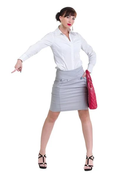 Mulher de negócios caucasiana de pé e segurando bolsa, retrato de comprimento total isolado no branco — Fotografia de Stock