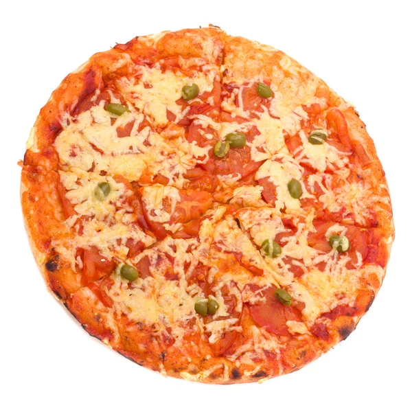 チーズとハムを白で隔離のピザ — ストック写真