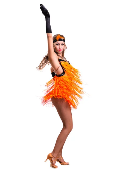 Bailarina retro mostrando algunos movimientos contra el blanco aislado — Foto de Stock