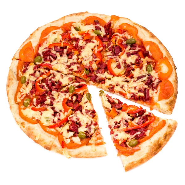 Pizza met kaas en ham geïsoleerd op wit — Stockfoto