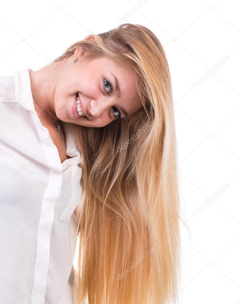 beautiful blond business woman standing over white background with copy space