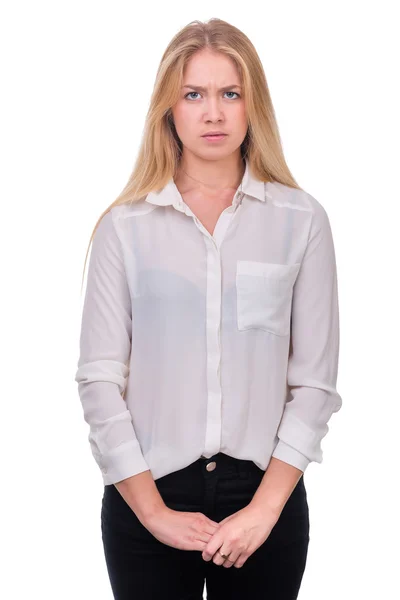 Closeup portret van triest en depressieve vrouw geïsoleerd op wit met copyspace — Stockfoto