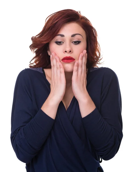 Closeup portrait of sad and depressed woman isolated on white with copyspace — Stock Photo, Image