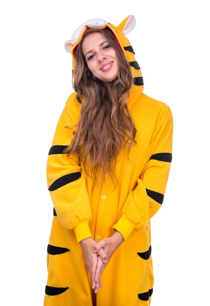 Κορίτσι ντυμένοι σαν τίγρη με copyspace — Φωτογραφία Αρχείου