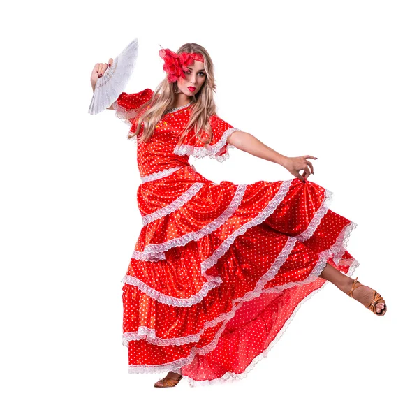 Flamenco danseres vrouw poseren, geïsoleerde op wit in volle lengte — Stockfoto