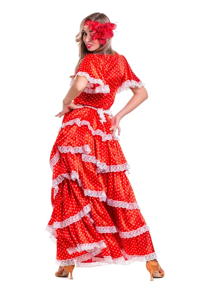 Flamenco táncos nő pózol, elszigetelt, a fehér, a teljes hossza — Stock Fotó