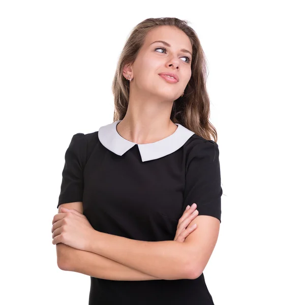 Closeup portrait of dreamy woman isolated on white — Stock Photo, Image