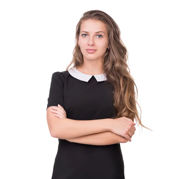 Closeup portrait of dreamy woman isolated on white — Stock Photo, Image