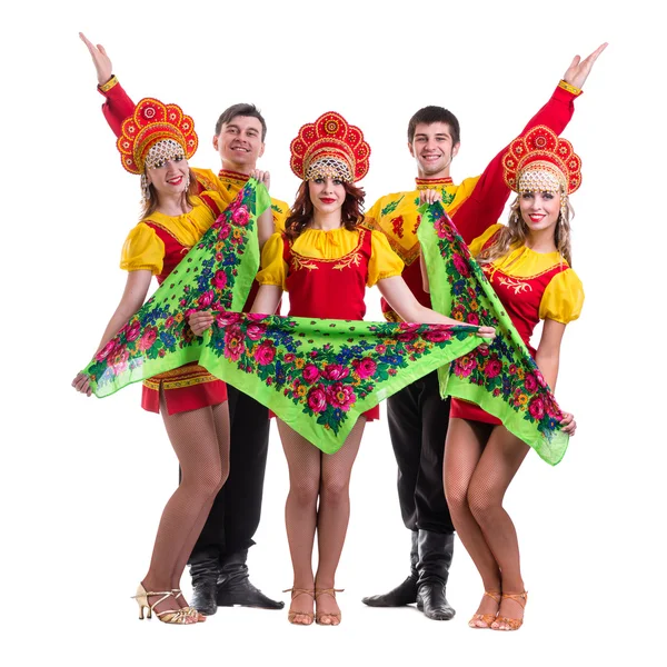 Équipe de danseurs portant un costume folklorique isolé sur blanc — Photo