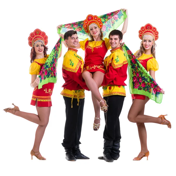 Dancer team wearing a folk costumes isolated on white — Stock Photo, Image